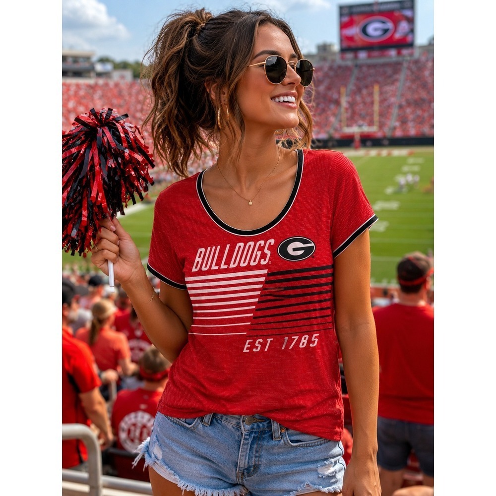 Creative Apparel Georgia Bulldogs NCAA Red Scoop Neck T-Shirt Womens Large - Picture 3 of 6